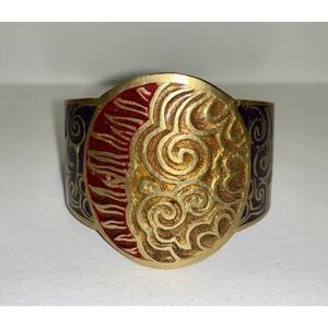 Antique Art Nouveau Brass Enamel Engraved Sun Ornate Cuff Bangle Bracelet